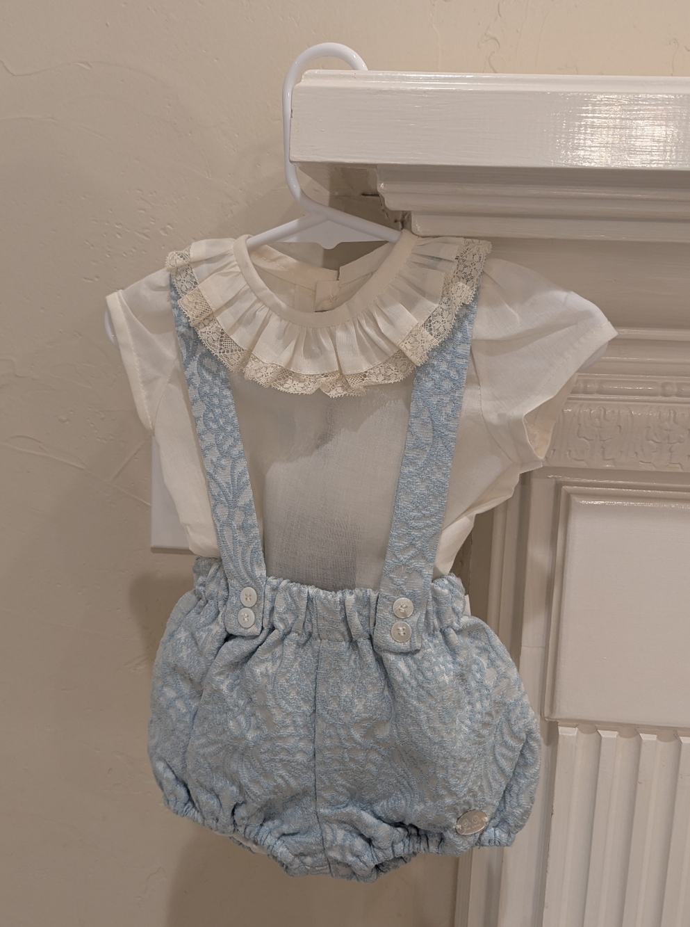 José Varón | Beige Ruffled Collar Top with Light Blue Lace Bubble Romper